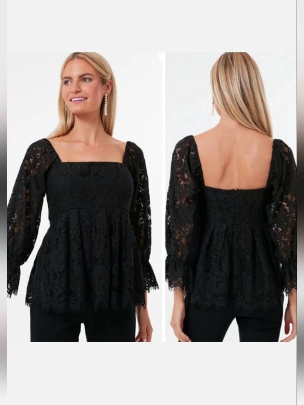 Pomander Place Tuckernuck Small Black Lace Floral Daniella Peplum Sleeve Top